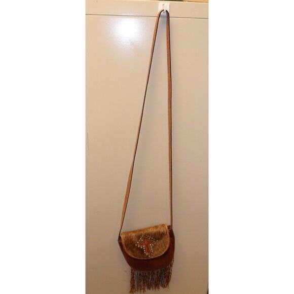 MONTANA SILVERSMITHS LEATHER CROSS HAIR FRINGED SHOULDER BAG PURSE HOT UNIQUE - Picture 2 of 8